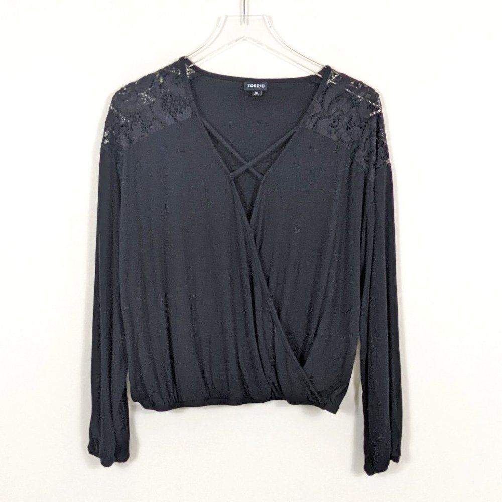 Torrid Black Lace Faux Wrap Shirt Women's M/L